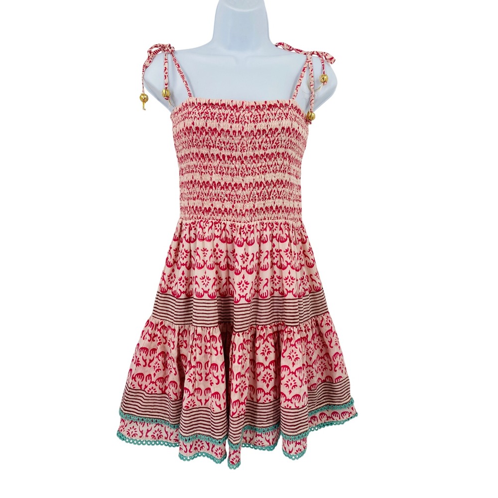 Alicia Bell Mini Dress Womens S Pink Smocked Silk Blend Tiered Boho